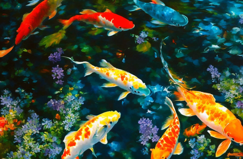 Vibrant koi fish swimming among colorful underwater plants