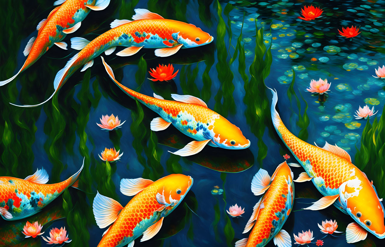 Colorful Koi Fish and Pink Water Lilies in Dark Pond