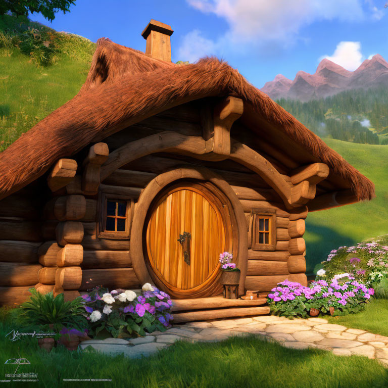 Thatched roof wooden cottage in serene meadow with round door