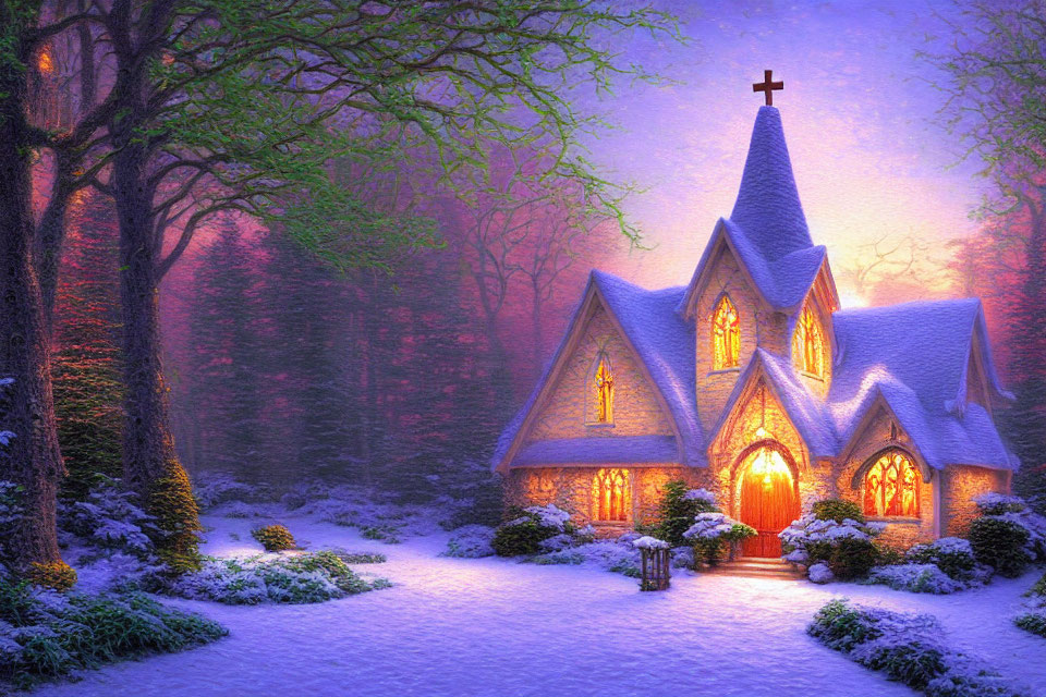 Snowy Forest Chapel with Glowing Windows at Twilight