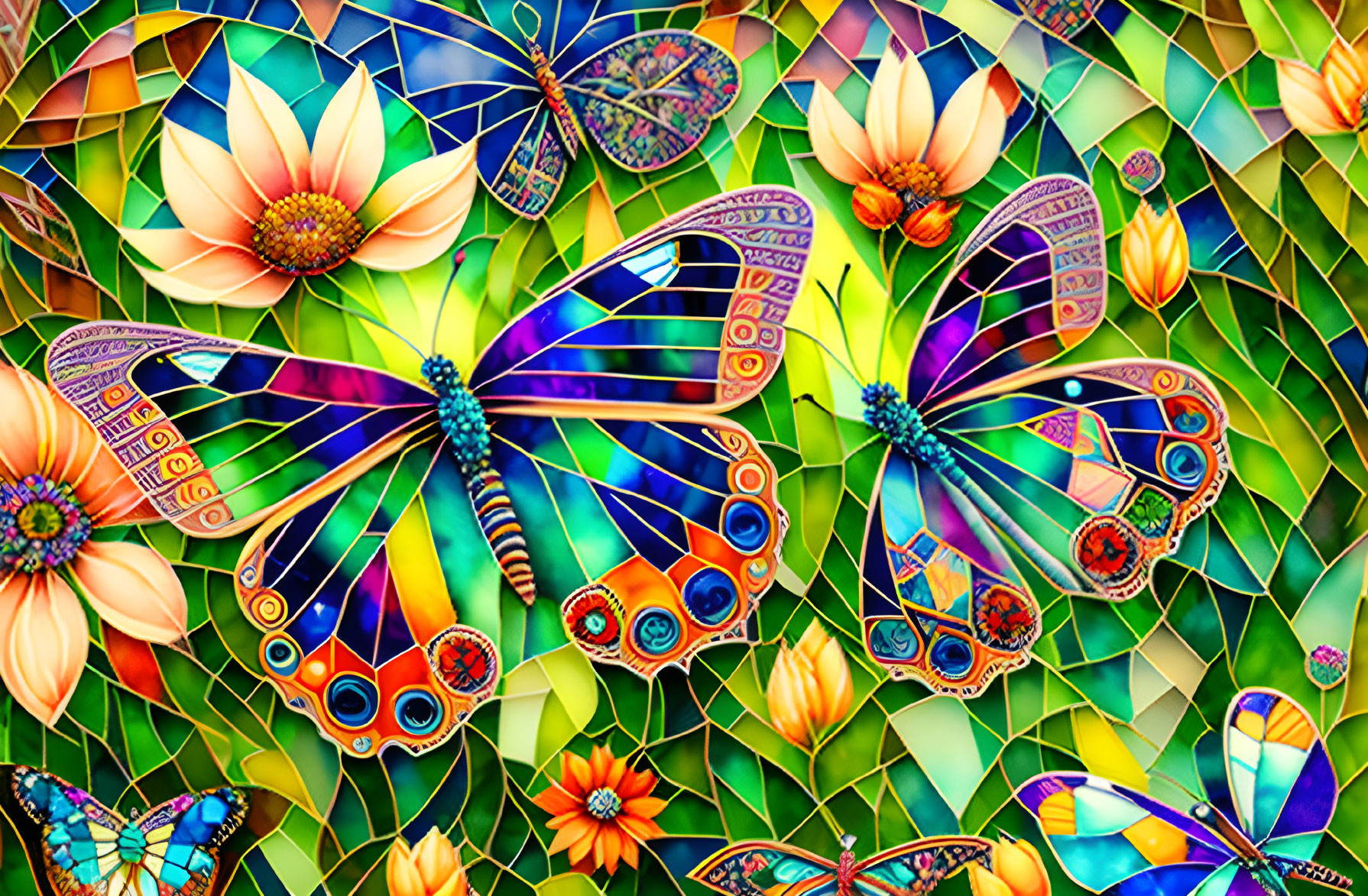 Vibrant butterfly and lotus flower mosaic on bright green background