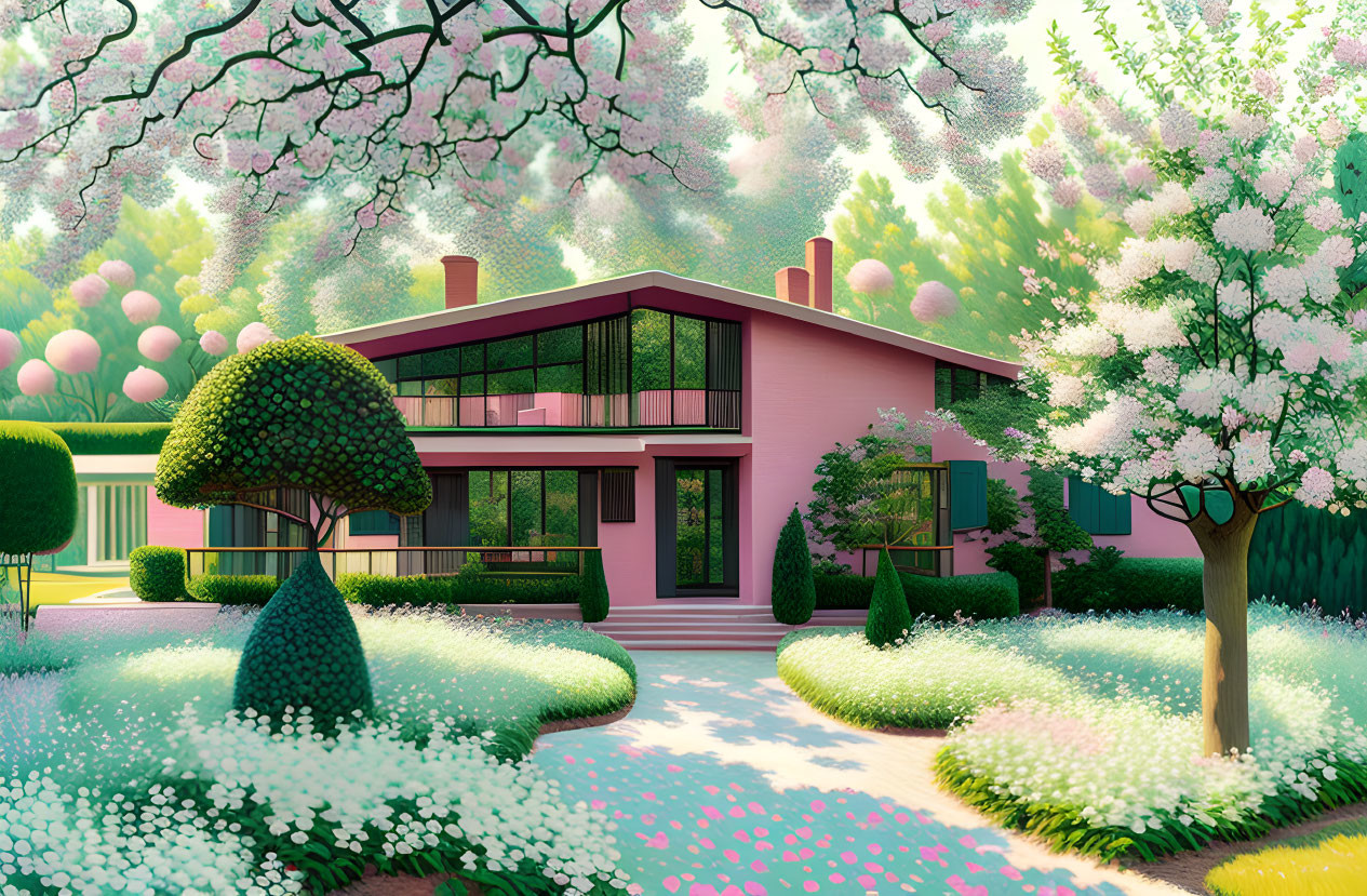 Stylish Pink House Surrounded by Lush Greenery and Pink Blossoms