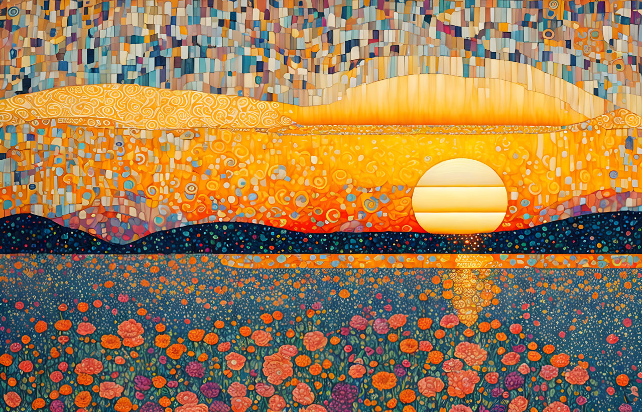 Colorful mosaic-style illustration of a sunset over hills and flowers