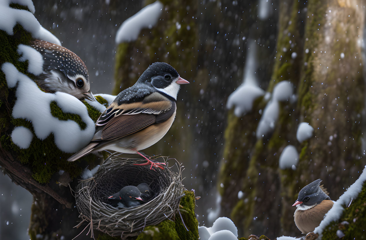 Adult birds near nest with chicks on snowy branch, observed by distant bird