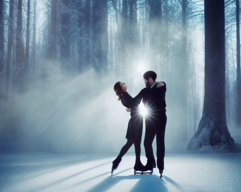 Ice Skaters Performing in Spotlight on Frozen Forest Pond at Twilight