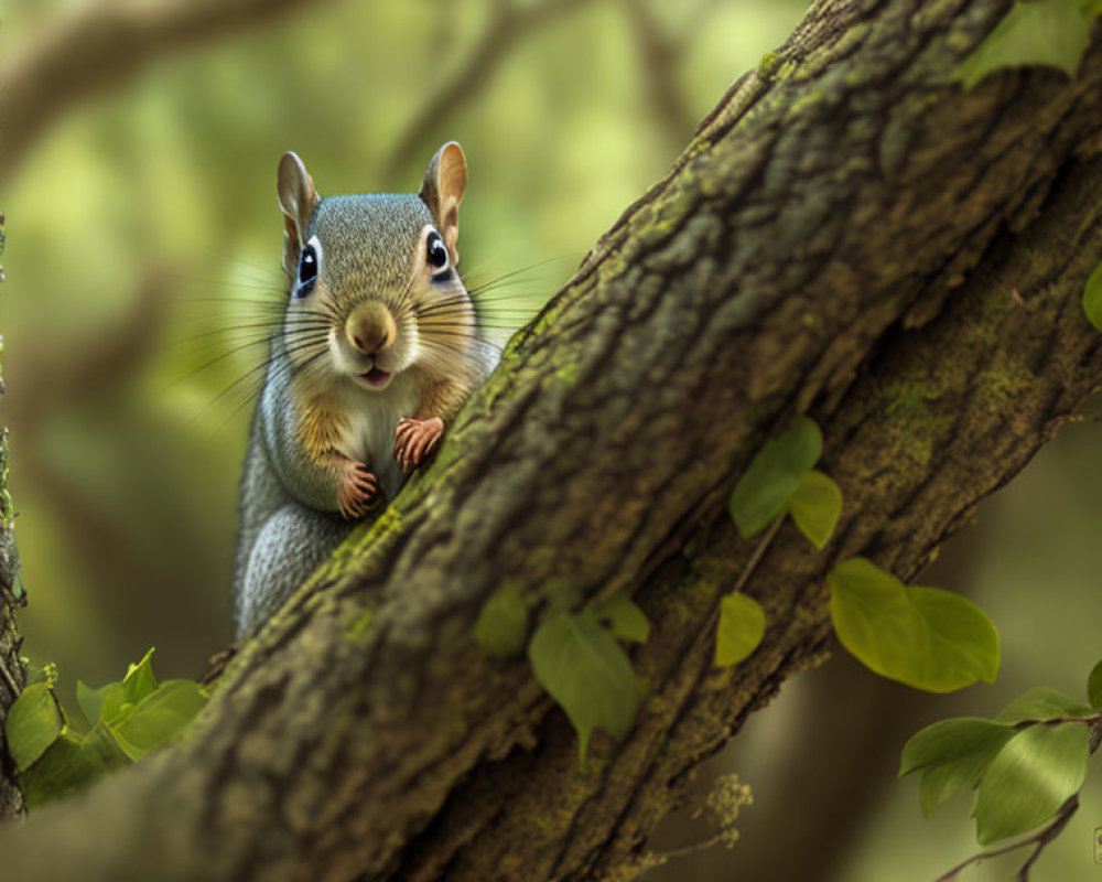 Curious squirrel among vibrant green leaves in serene setting