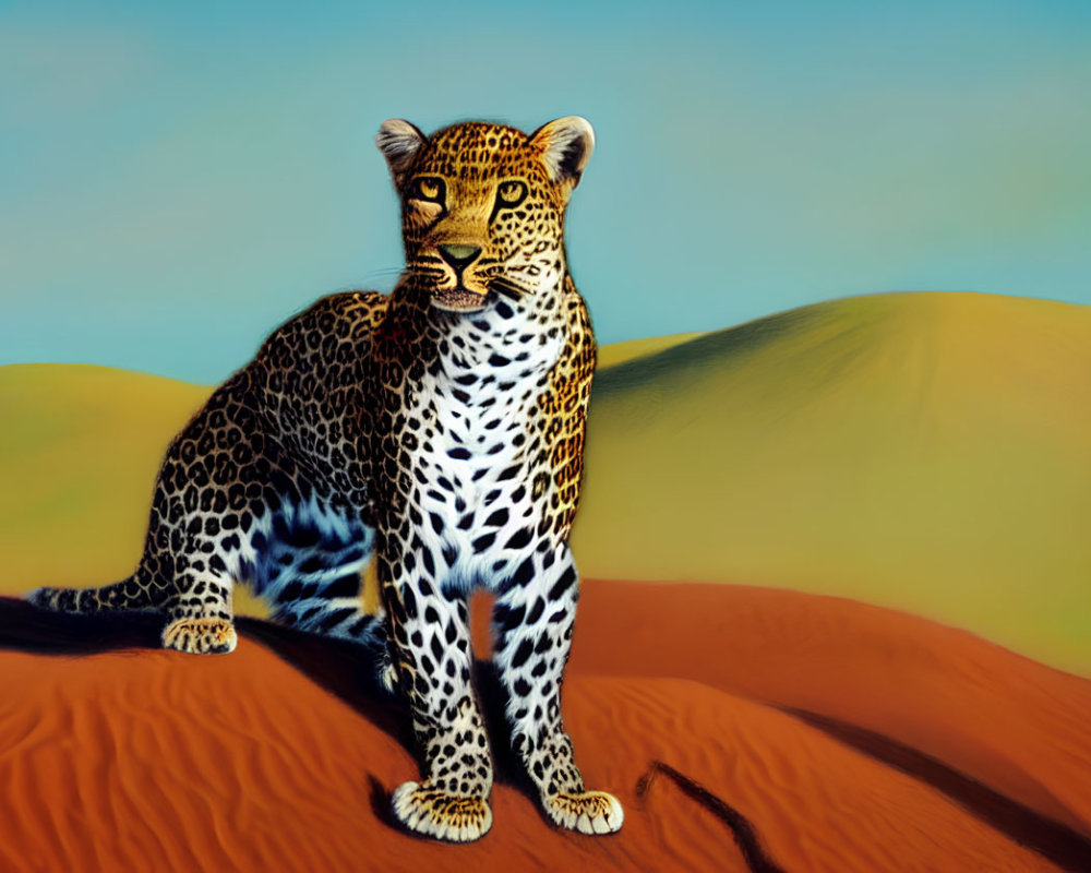 Leopard on Sand Dune with Golden and Blue Background