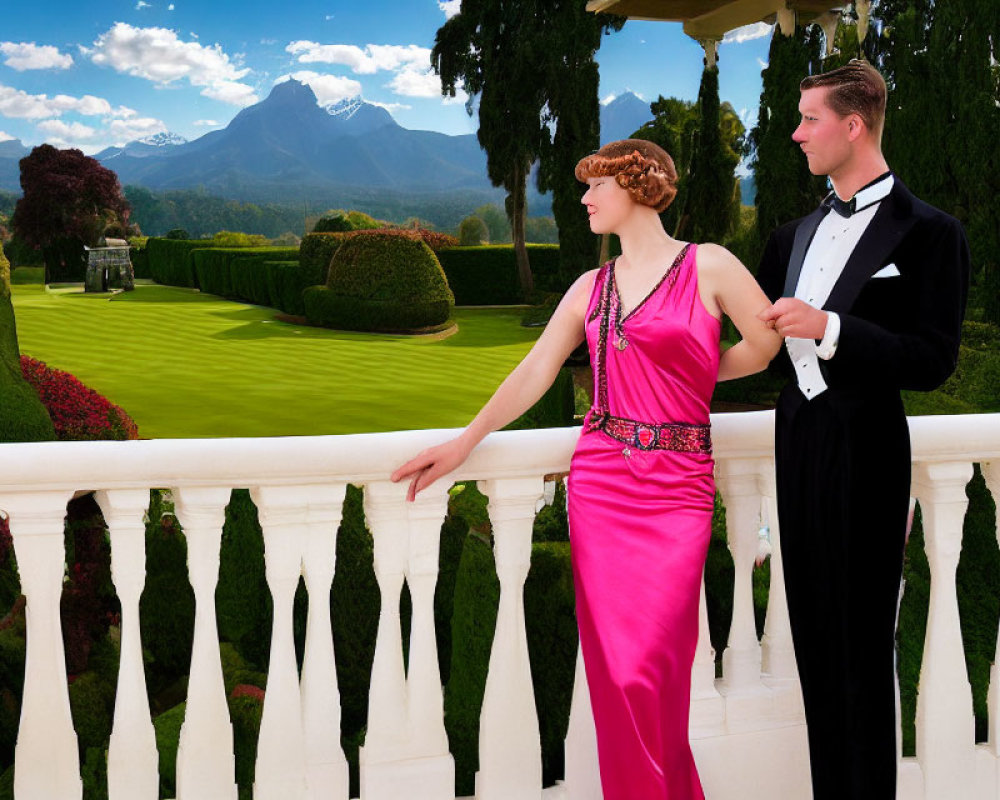 1920s-style dressed couple on balcony with garden view