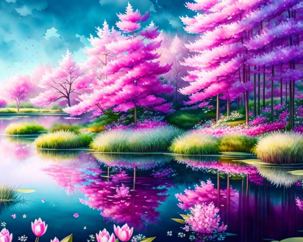 Tranquil pond with pink cherry blossom trees and lotus flowers