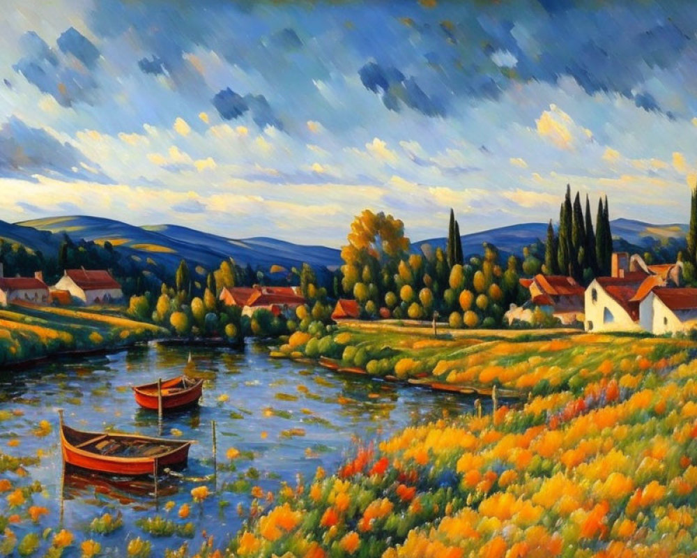 Tranquil river landscape with boats, village, and colorful nature scene
