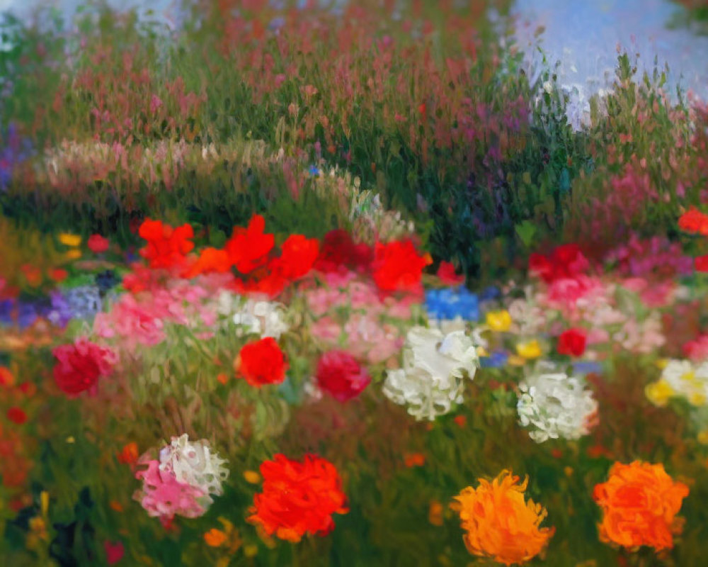 Vibrant Flower Garden Painting with Red, White, and Orange Blooms