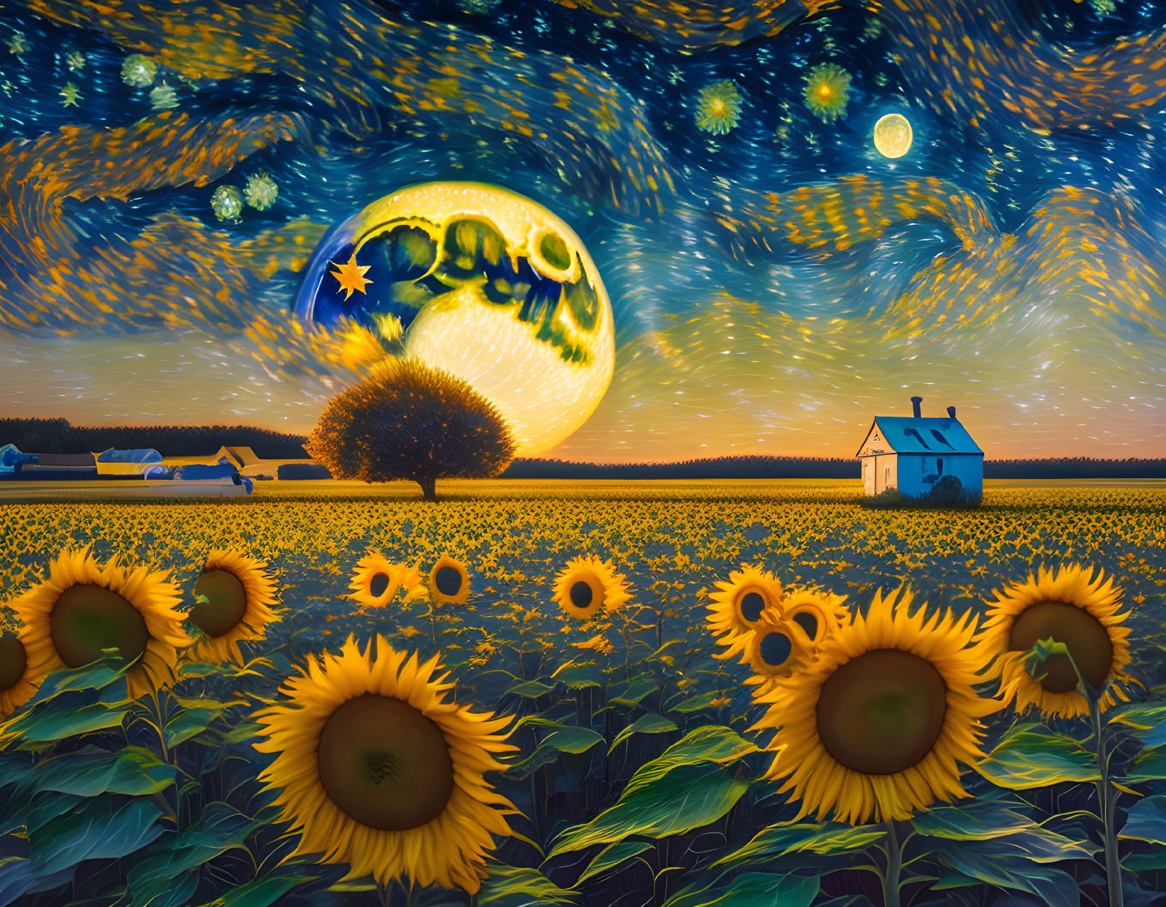 Starry Night Sky Landscape with Sunflowers and Blue House