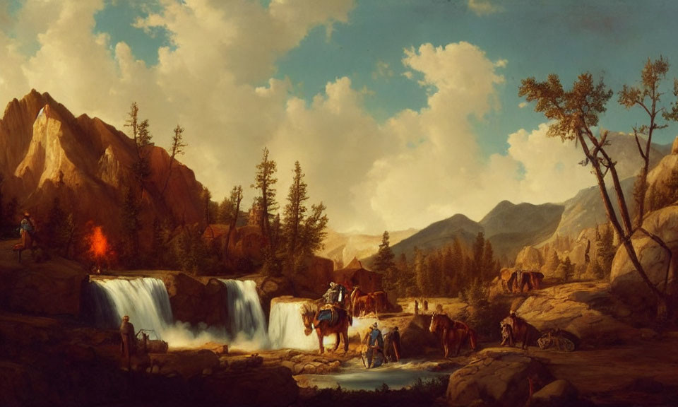 19th-Century Painting: Travelers on Horseback & Covered Wagon in Mountain Landscape