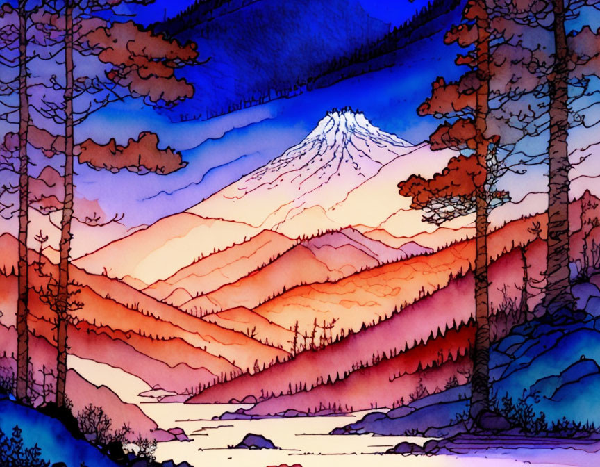 Colorful Watercolor Painting: Mountain with Colorful Hills and Silhouetted Trees