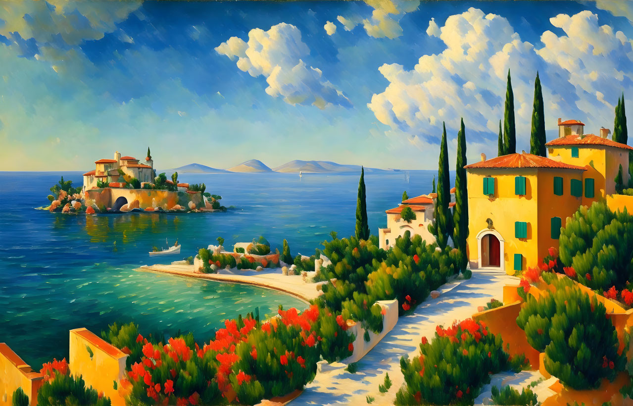 Colorful Coastal Landscape Painting with Mediterranean Villas, Lush Foliage, Tranquil Sea,