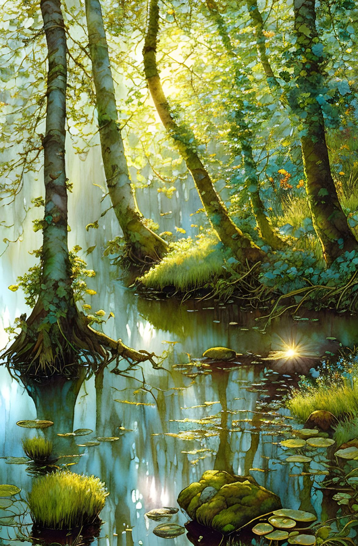 Tranquil forest scene with sunbeams, waterbody, lily pads & greenery