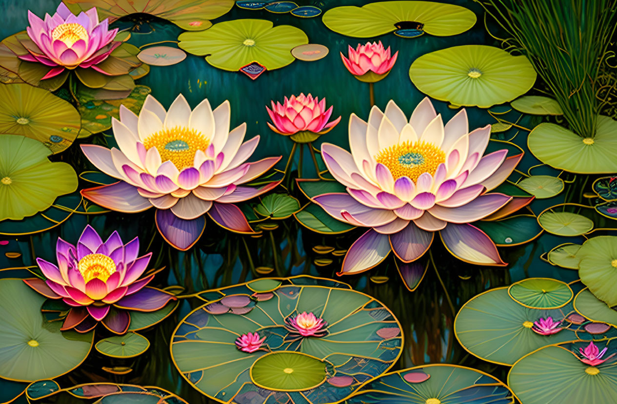 Tranquil pond scene with vibrant water lilies and lilypads in pink and purple hues