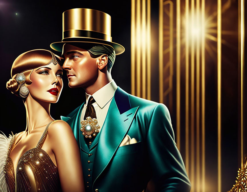 1920s Couple in Teal Suit and Flapper Dress on Art Deco Background