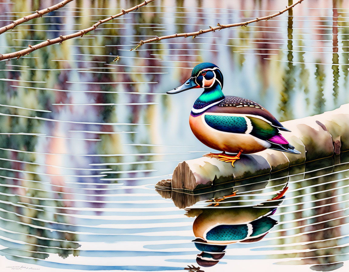 Vibrant mandarin duck perched on log with reflection in water.