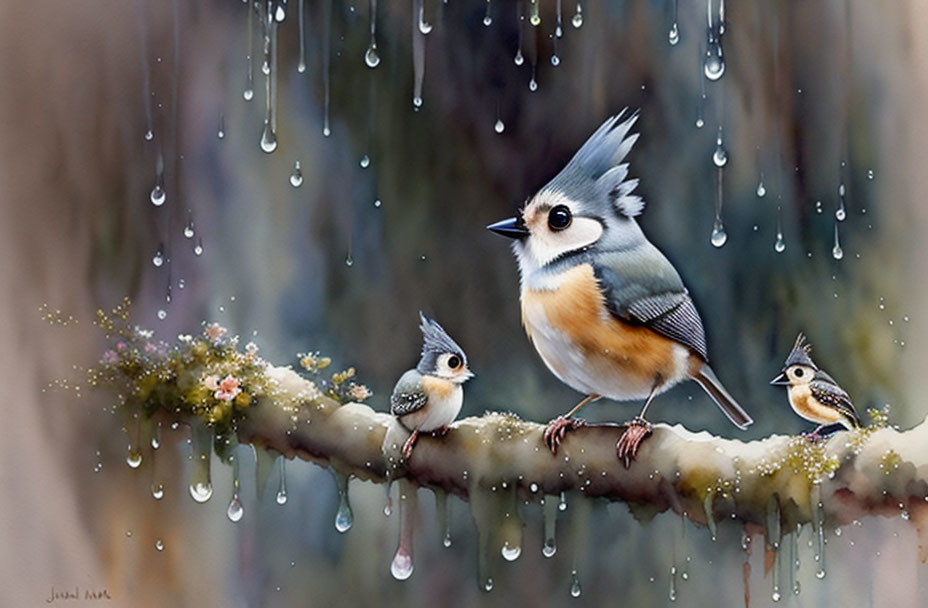 Stylized birds on branch with water droplets - serene and whimsical art