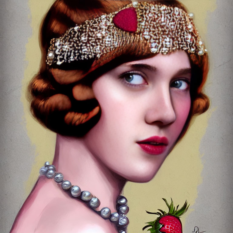 1920s Fashion Portrait with Beaded Headband and Red Lipstick