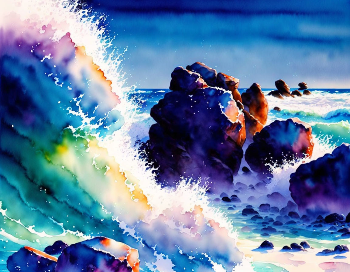 Dynamic Ocean Scene: Vivid Waves Crashing on Rocky Shore in Blue and Purple Hues