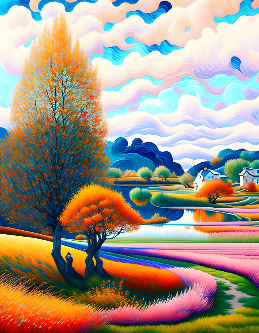 Colorful Swirling Skies and Rolling Fields Landscape