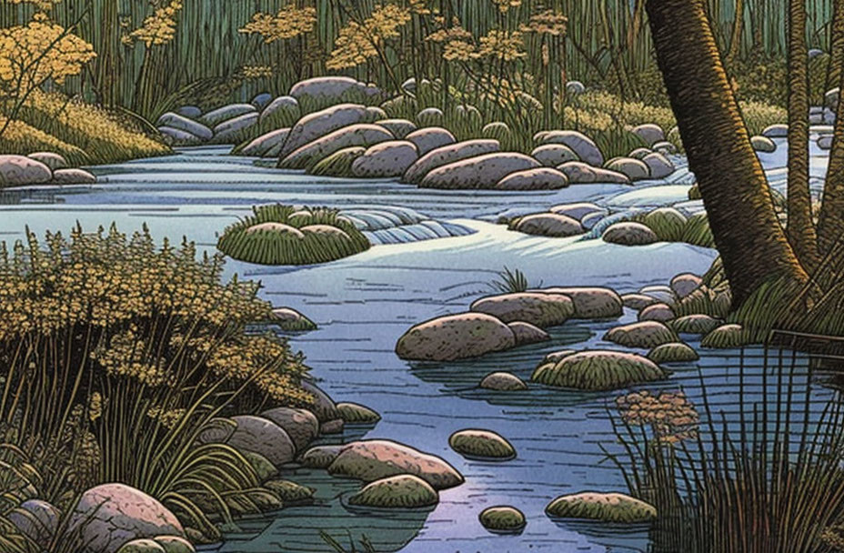 Tranquil stream with smooth rocks and lush vegetation at twilight