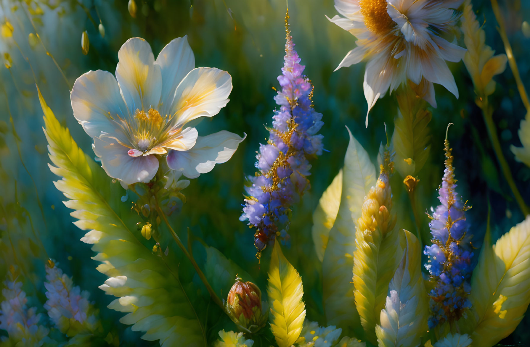 Colorful Floral Scene with White and Yellow Blossoms in Soft Light