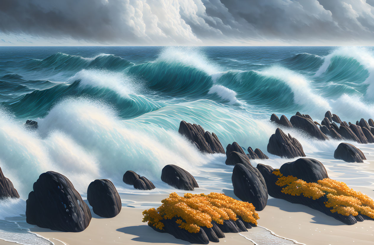 Ocean waves on rocky shore with yellow flowers under dramatic sky