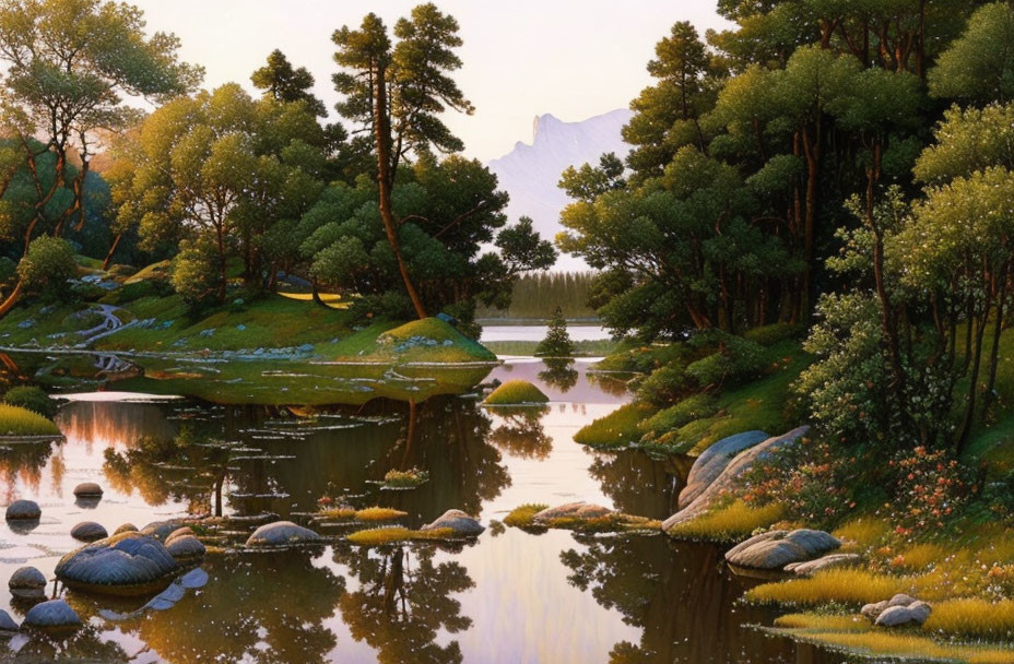 Tranquil river landscape with boulders, green trees, and mountain at golden hour