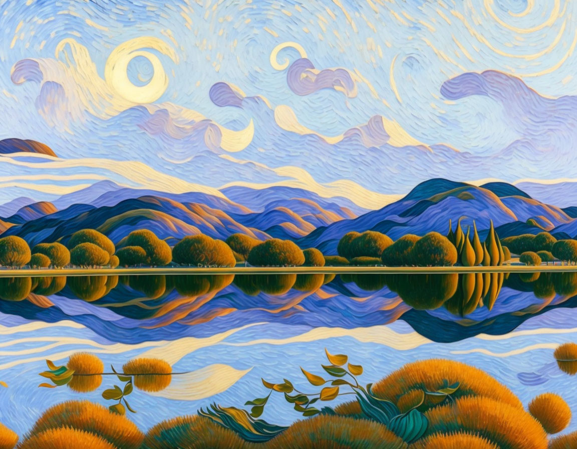 Swirling skies, rolling hills, tranquil lake - vibrant color palette landscape painting