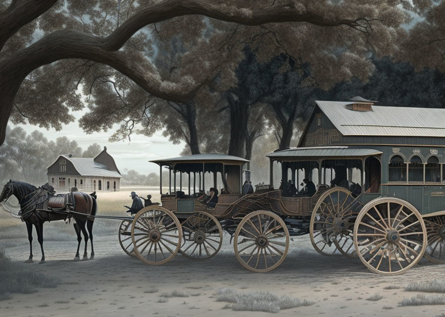 Rural landscape with horse-drawn carriages near tree-lined building