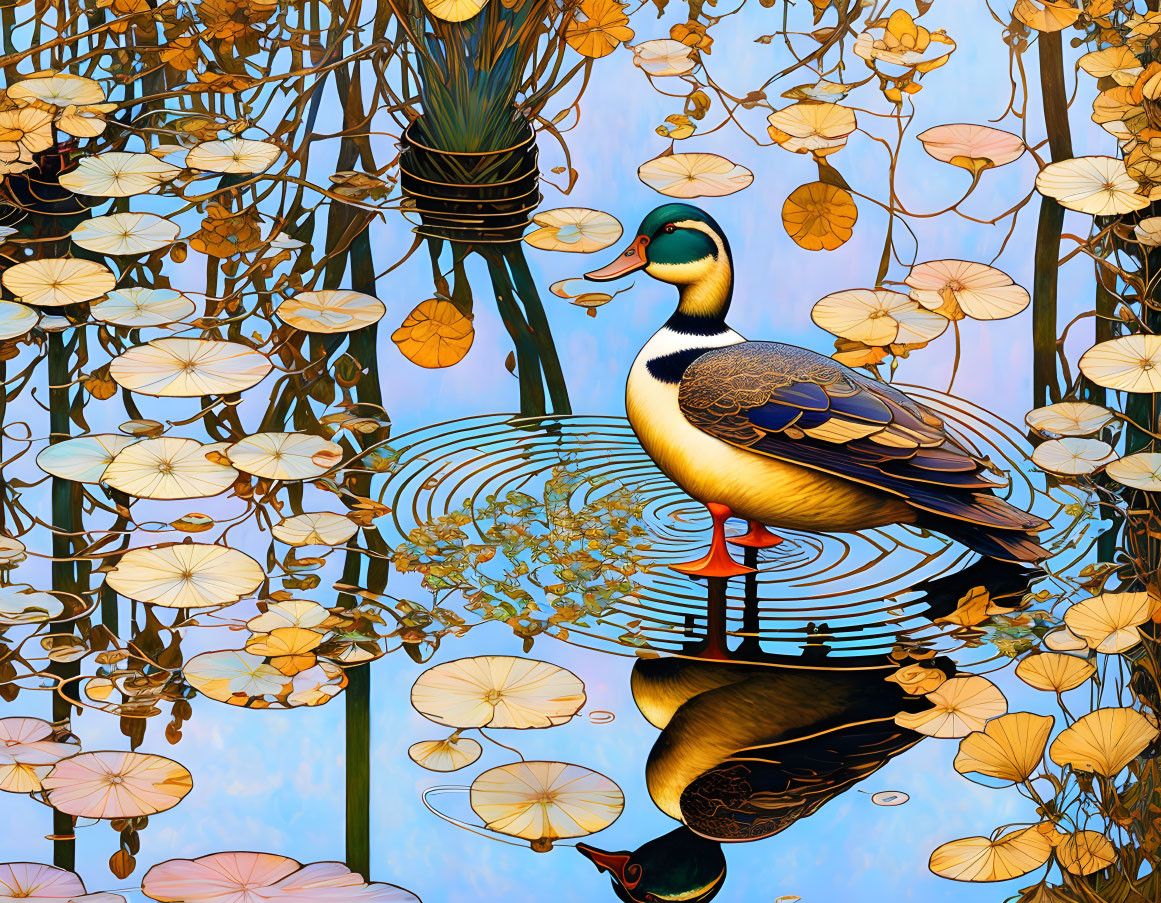 Vibrant Mallard Duck Illustration with Lily Pads