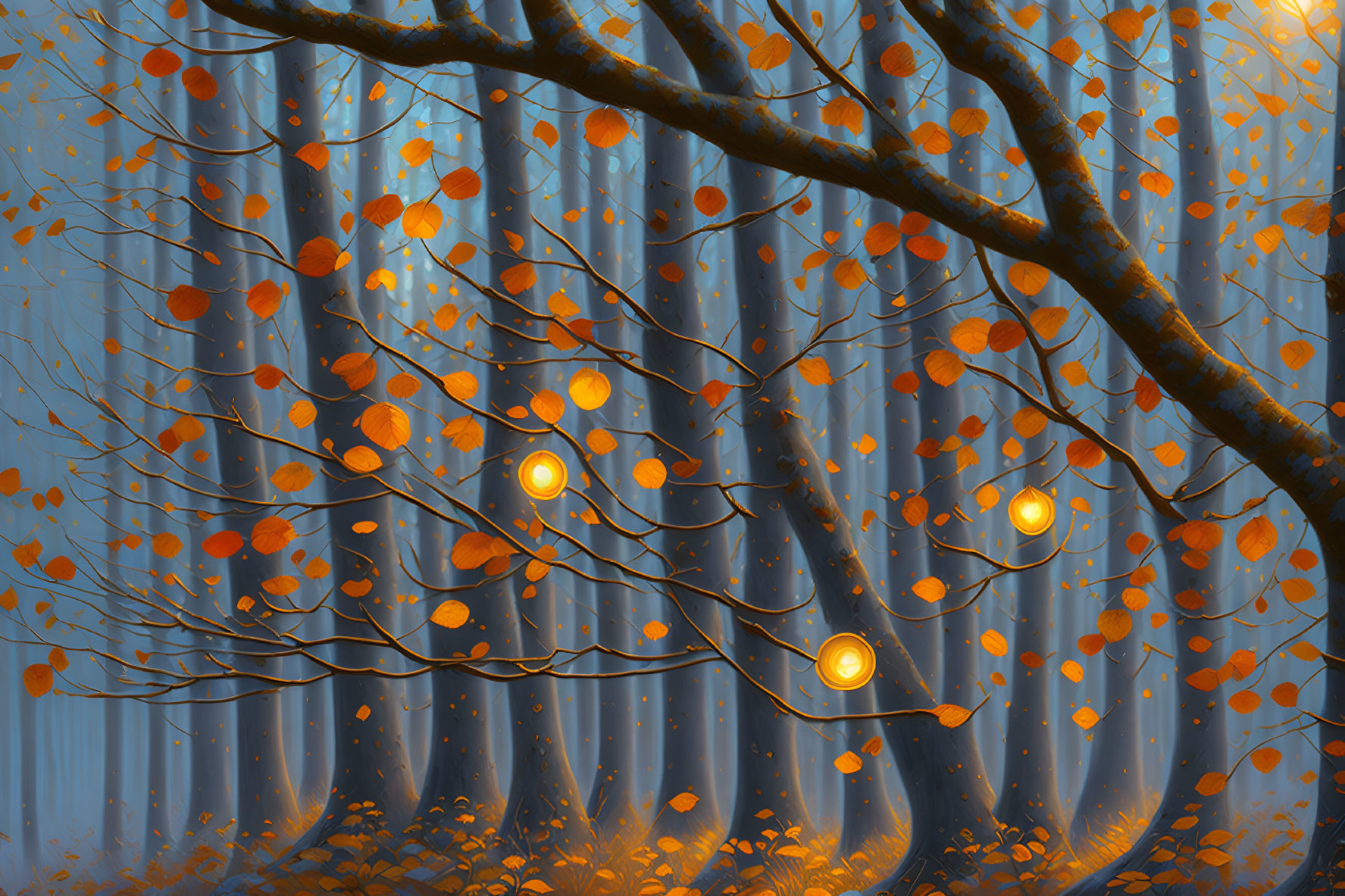 Enchanting forest scene with warm glowing lights and orange leaves against mystical blue background