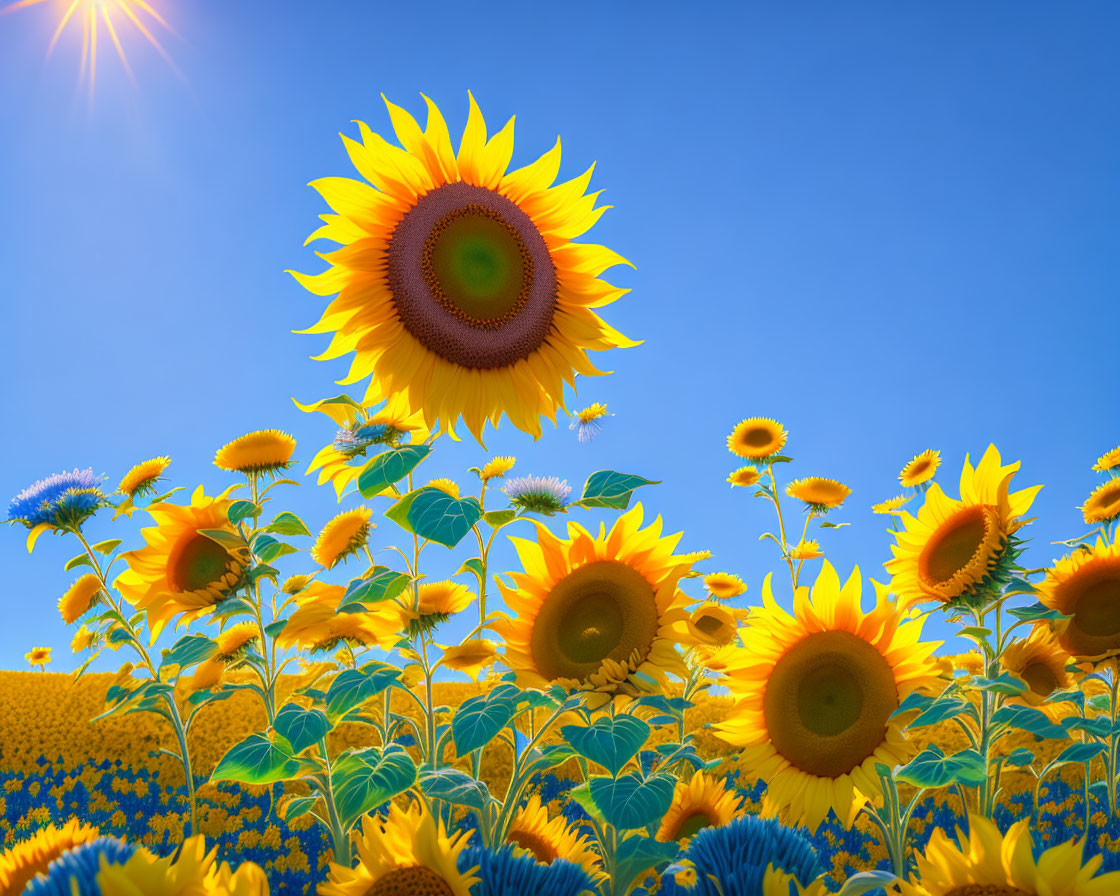 Sunflowers Field Under Clear Blue Sky with Bright Sun