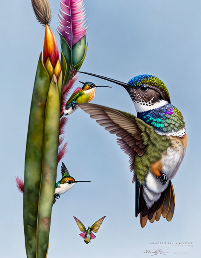 Colorful Hummingbirds Flying Around Tropical Flower on Blue Background