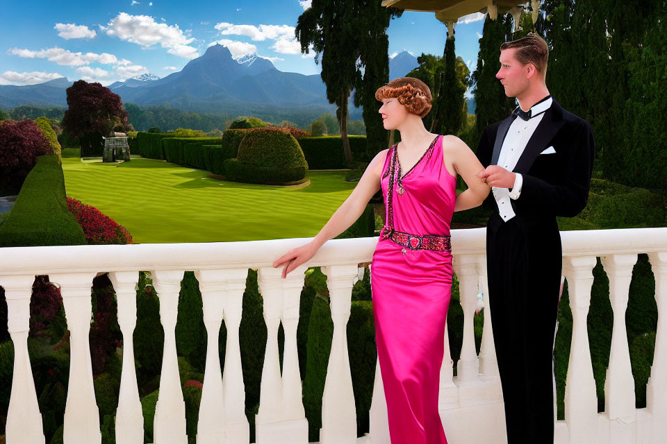 1920s-style dressed couple on balcony with garden view