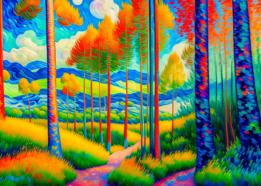 Colorful Landscape Painting with Stylized Trees and Swirling Sky