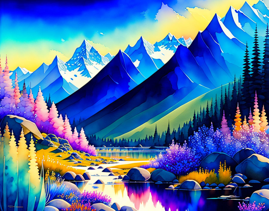 Colorful Flora and Blue Mountains Surround Serene Lake