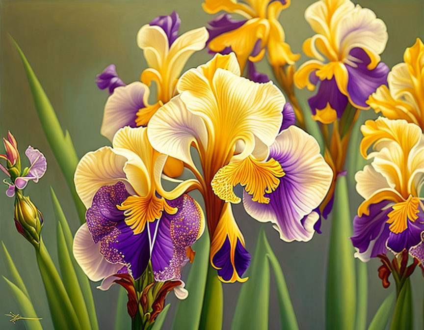 Colorful Iris Flowers Illustration with Yellow, Purple, and White Petals