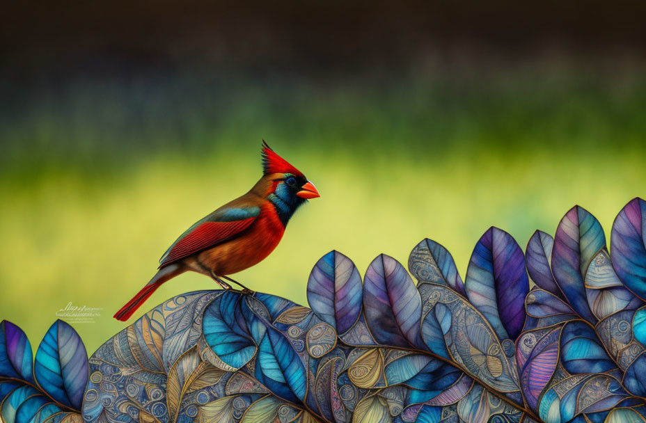 Vibrant Northern Cardinal on Multicolored Leaf Patterns