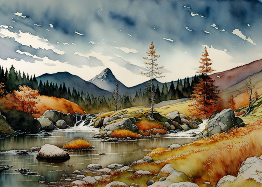 Autumnal landscape watercolor with river, rocks, trees, mountains, cloudy sky