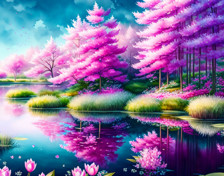 Tranquil pond with pink cherry blossom trees and lotus flowers