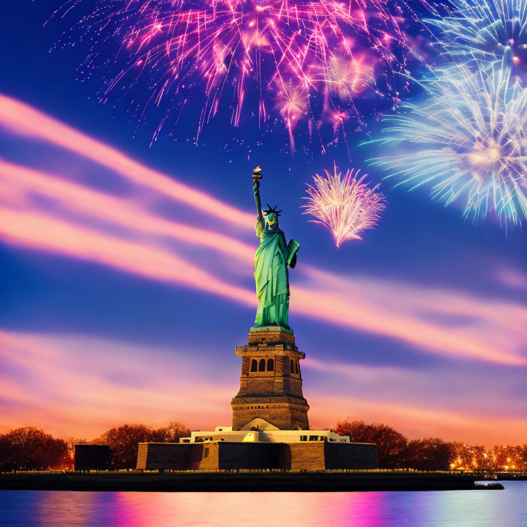 Iconic Statue of Liberty silhouette with vibrant sunset fireworks