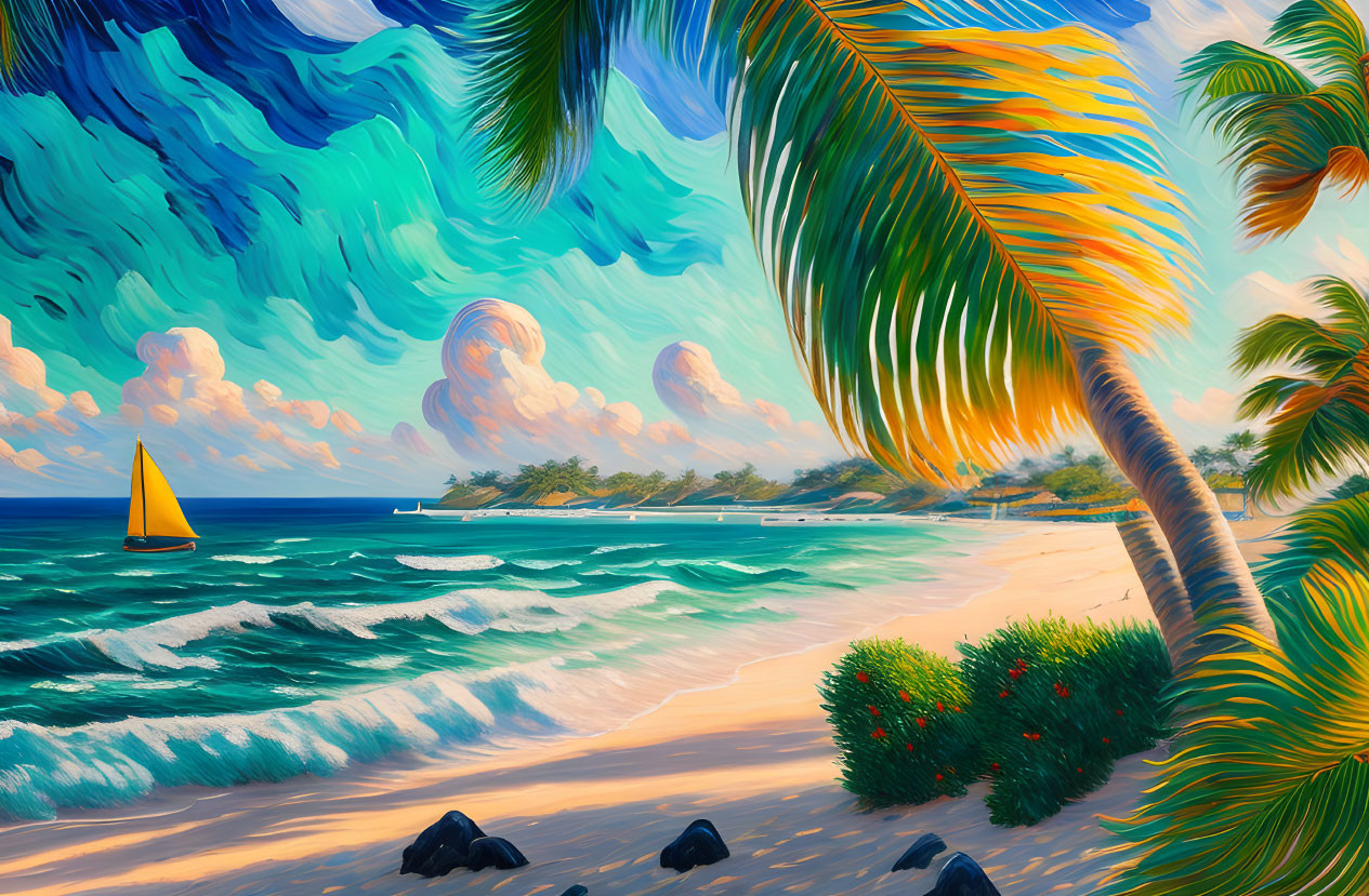 Tropical beach scene with palm trees, sailboat, and turquoise waters