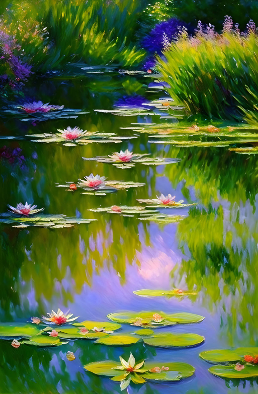 Tranquil Pond with Water Lilies and Floral Reflections