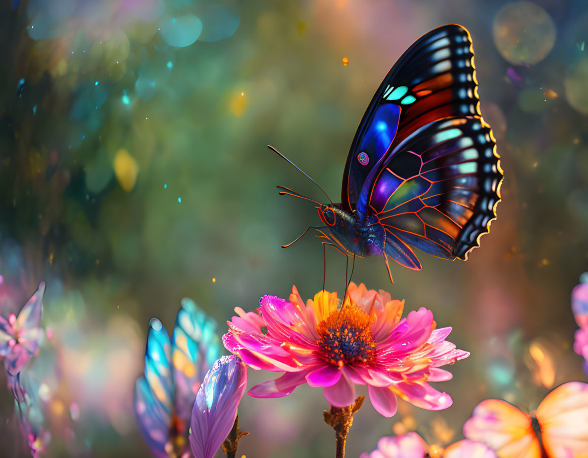 Colorful Butterfly on Pink Flower with Bokeh Background