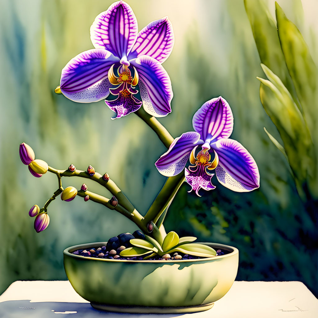 Purple and White Orchids in Green Pot on Soft-focus Greenery Background