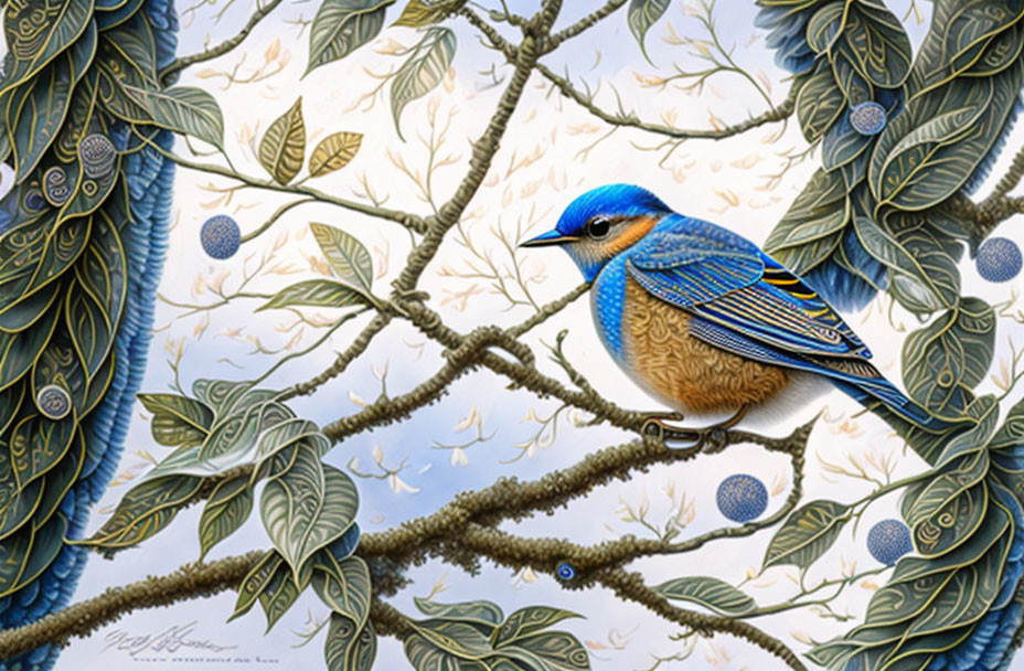 Colorful Blue Bird Perched on Branch with Green Leaves and Blue Berries